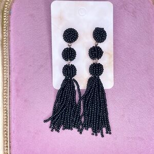 675. Black and Goldtone Glass Seed Bead Tassel Earrings